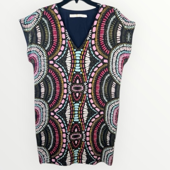 Marie Oliver Colorful Print V Neck Short Sleeve Shift Dress Size S Silk - Picture 1 of 12